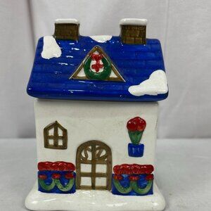 Vintage Ceramic House-Shaped Candy Jar Ornamented With Blue Roof